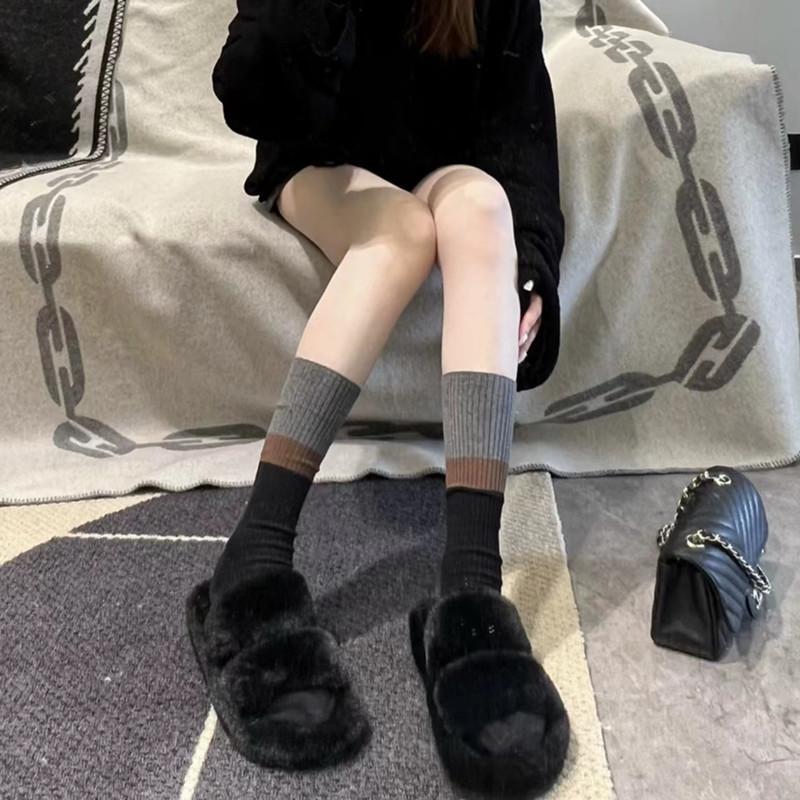 Gray Black And White Spliced Double Needle Calf Socks Autumn Pure Cotton Long Knee Socks Slim Pile Socks