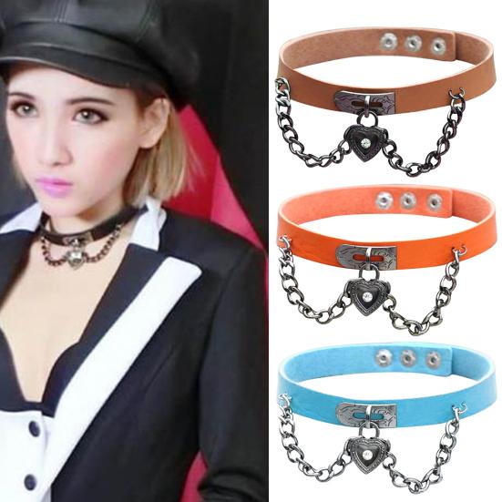 

Women Punk Heart Alloy Pendant Faux Leather Chain Choker Collar Necklace