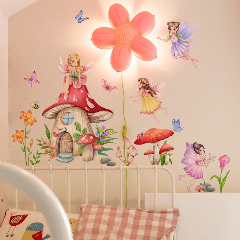cartoon mushroom castle wall sticker for nursery self adhesive kids room cute fairy wall decal