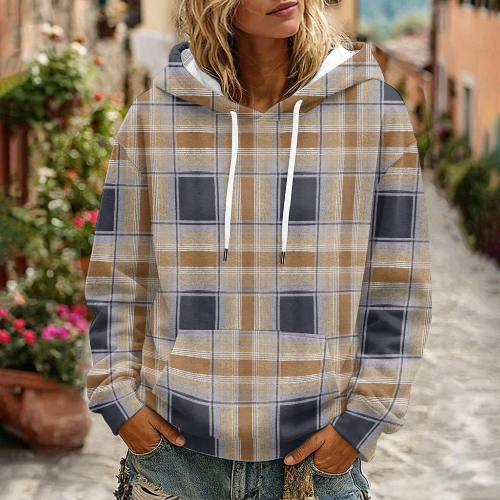 Women's Plaid Print Hooded Sweatshirt with Pockets And, Long Sleeve Casual Top