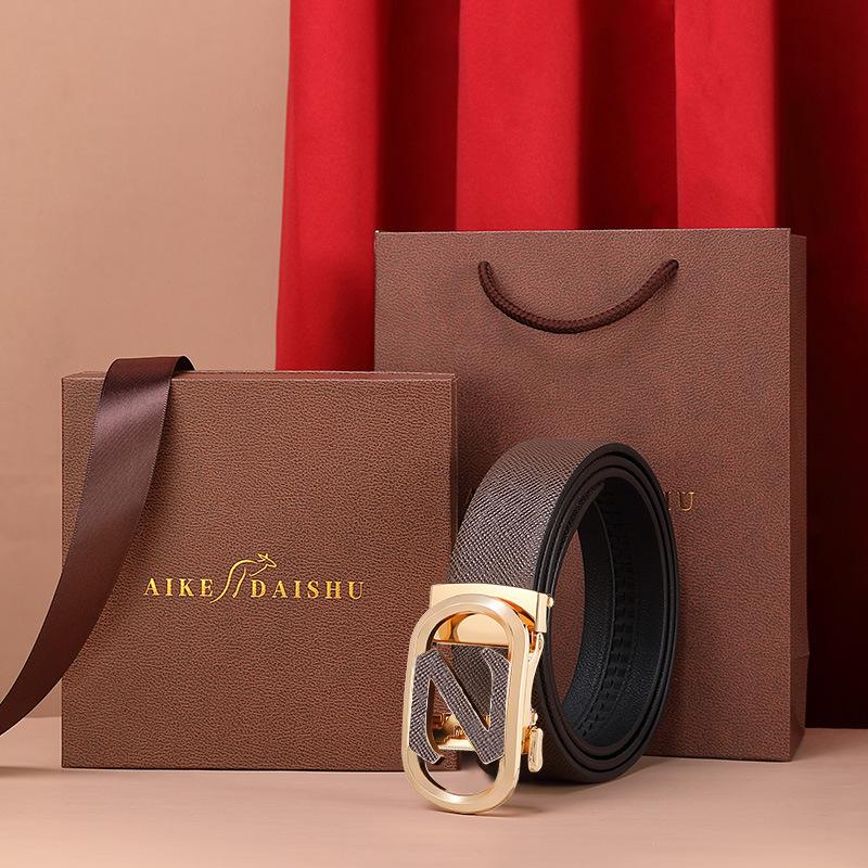Men's Belt Genuine Leather Automatic Buckle Cowhide Belt Men's Business Casual Middle Aged and Young Trousers Belt
