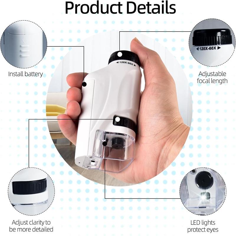 Handheld Pocket Microscope 60X 120X Magnification With Phone Clip LED Light Kids Science Educational Toy For Outdoor Study