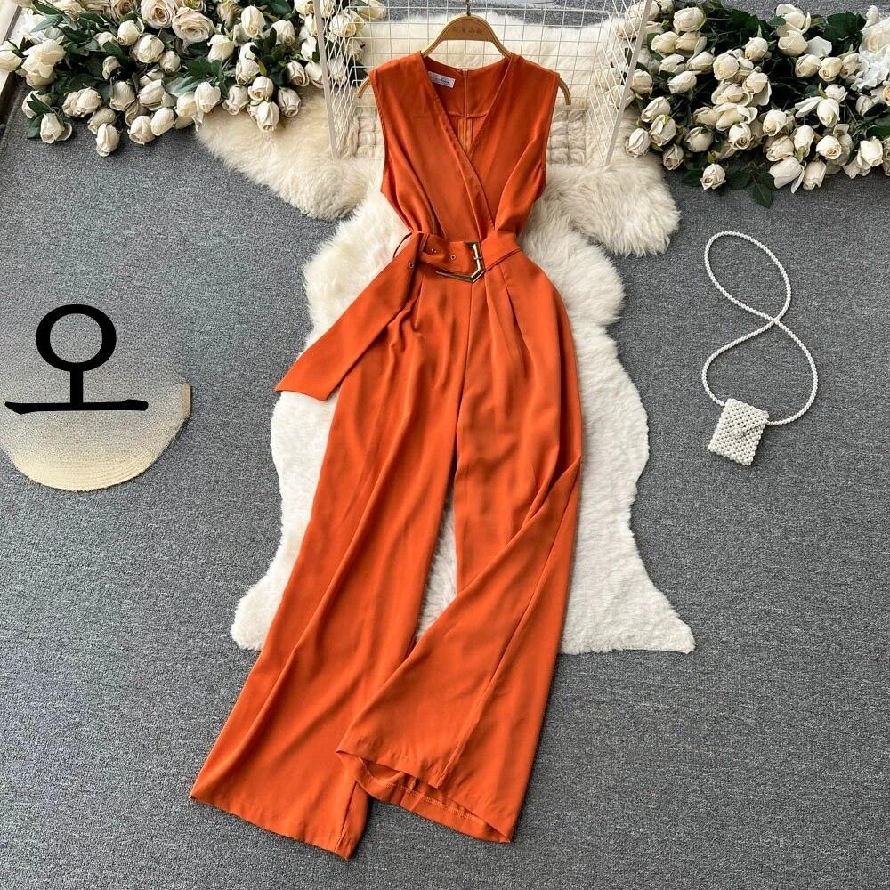 2024, primăvară și vară, nou sexy, cu decolteu în V, cu bretele în talie, care îmbrățișează, pantaloni lungi, drepti, grațioși, cu picioare late