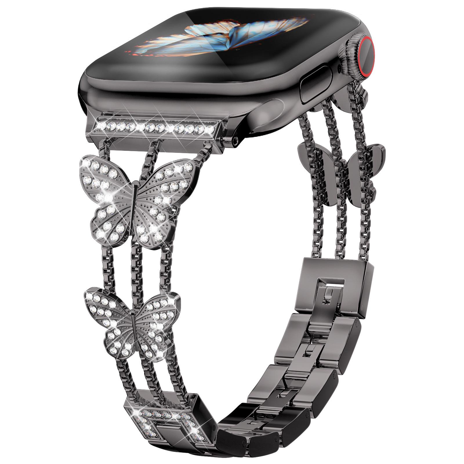 Elegant Metal Watch Band for Apple iWatch S11 - Rhinestone Butterfly Design 20 mm чёрный