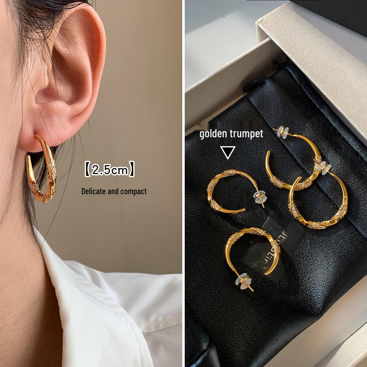 Real Gold Plated Silver Zircon C-Shaped Earrings - Light Luxury Studs with Simple Elegance