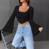 New Women's Solid Color U-neck Exposed Navel Slimming Fashion Trumpet Long Sleeved Sexy Short T-shirt