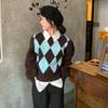 Retro Rhombus Round Neck Short Sweater Women's Autumn and Winter New Niche Contrasting Colors Loose Pullover Outer Wear Knitting