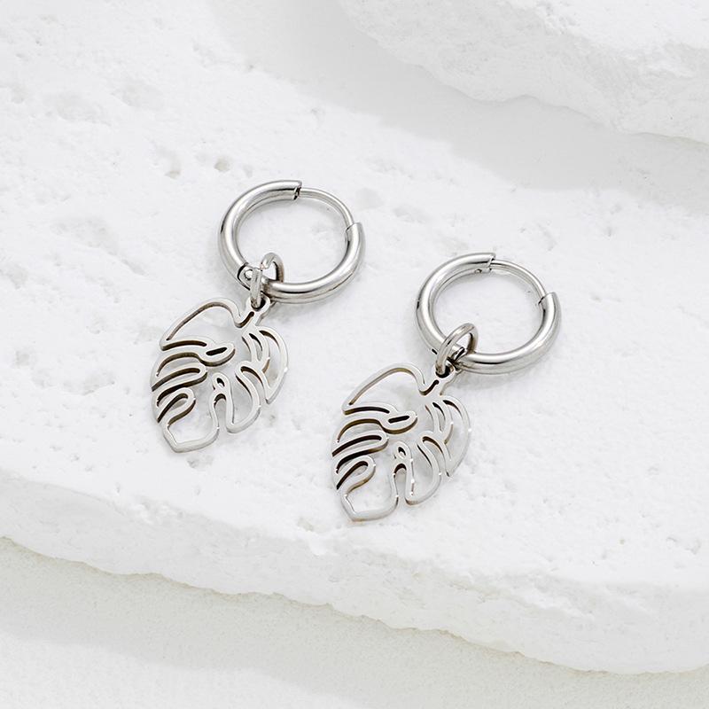 Versatile 18K Gold Palm Leaf Pattern Stainless Steel Drop Earrings