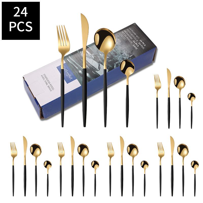 24pcs Gold Dinnerware Set Stainless Steel Steak Knife Fork Coffee Spoon Teaspoon Flatware Dishwasher Safe Kitchen Tablewar