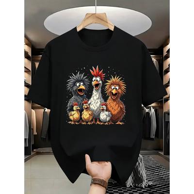 European Sizes Men's Funny Chicken Print T-Shirt - Soft Breathable Short Sleeve Round Neck Casual Summer Shirt with Rooster
