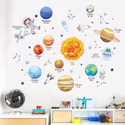 Pegatinas de Pared de Planetas Cósmicos del Sistema Solar de Dibujos Animados, Sol, Tierra, Luna para Habitación de Niños, Dormitorio, Sala de Lectura