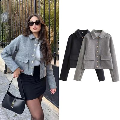 Women's Aviator Black Jacket Wool Blends Coats Cropped Bomber Jacket  Autumn Winter Demi-season Crop Jacket Outerwears