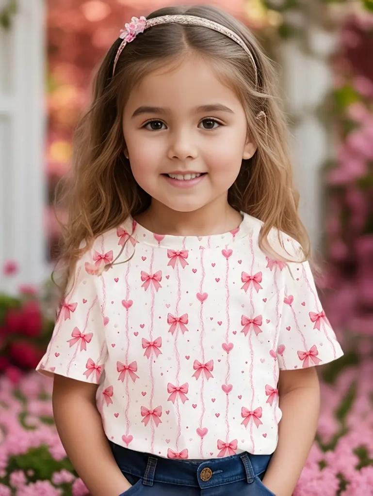 T-shirt Fille Mignon Motif Nœud d'Amour Manches Courtes pour Enfants T-shirts Graphiques Vêtements Y2k Mode Filles Pull Hauts d'Été