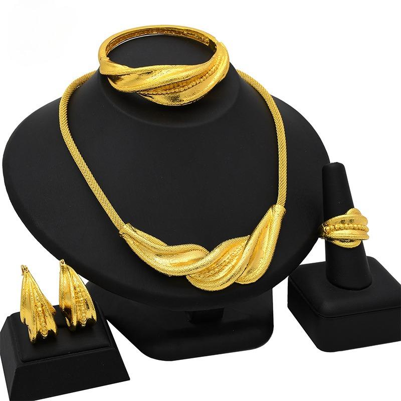 

Dubai 24k Gold Plated Bridal Set Necklace Earrings Bracelet Rings India Nigeria Jewelry Four Piece Set 2026 45CM