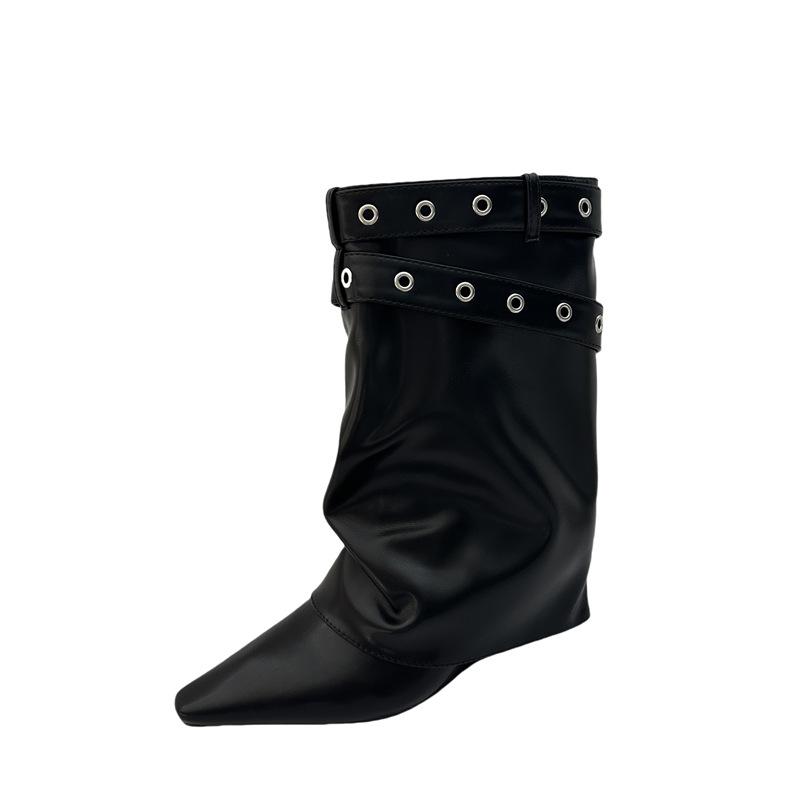 Trendy Fried Street! European and American Sexy Babes White High-heeled Short Boots Women's Belt Buckle Rivet Babes Pointed Trousers Boots