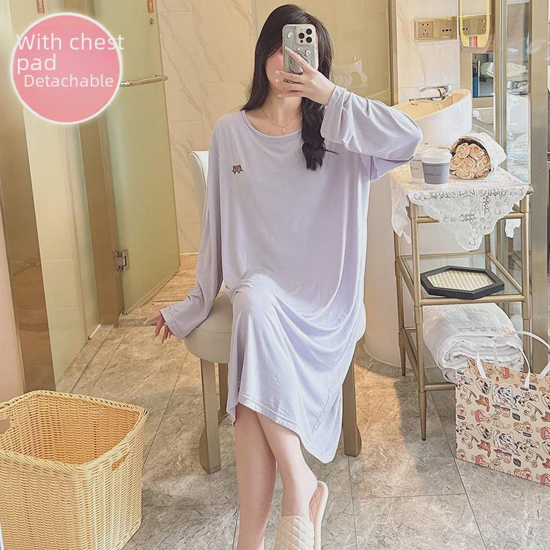Modal Long-Sleeve Nightdress with Chest Pads for Plus-Size Women