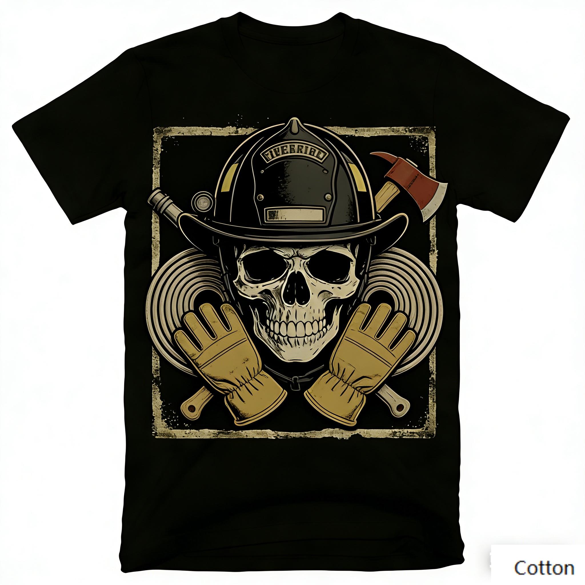 Vintage Skeleton Firefighter Graphic T-Shirt Helmet Axe Hose Glove Print Cotton Short Sleeve Casual Unisex Tee Retro Fireman S разноцветный