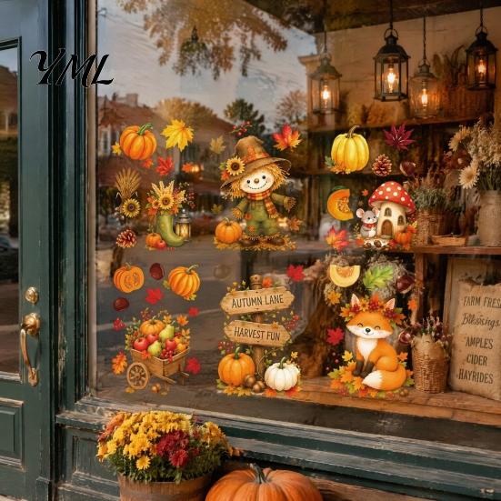 Creative Autumn Window Displays 6 Sheets Harvest Stickers, Thanksgiving Cartoon Static Cling Decorations with Festival Decor Pumpkins Maple