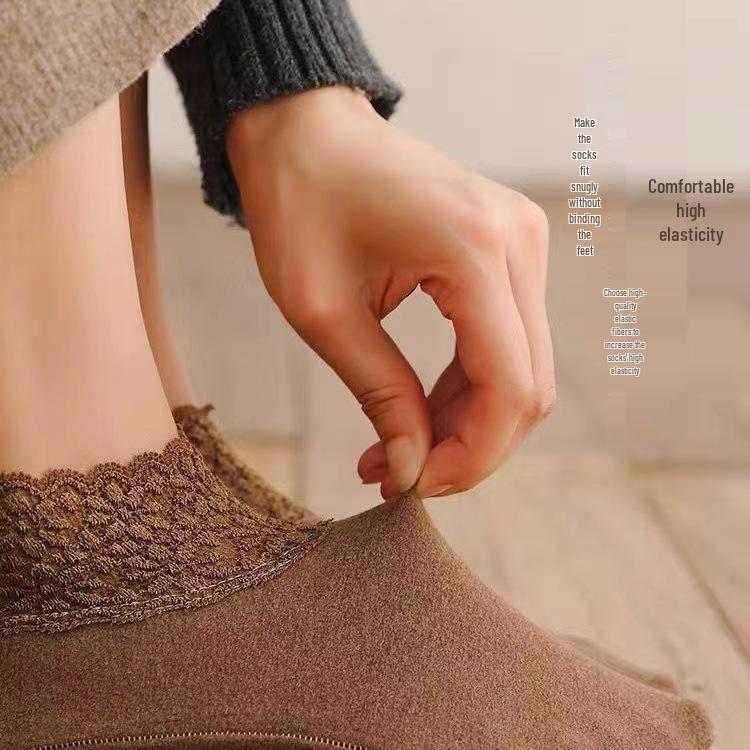 Warme Wadenlange Damensocken mit Spitzenbesatz - Dick, Kältebeständig, Rutschfestes Silikon, Bequeme Herbst-/Winter-Haussocken für den Boden