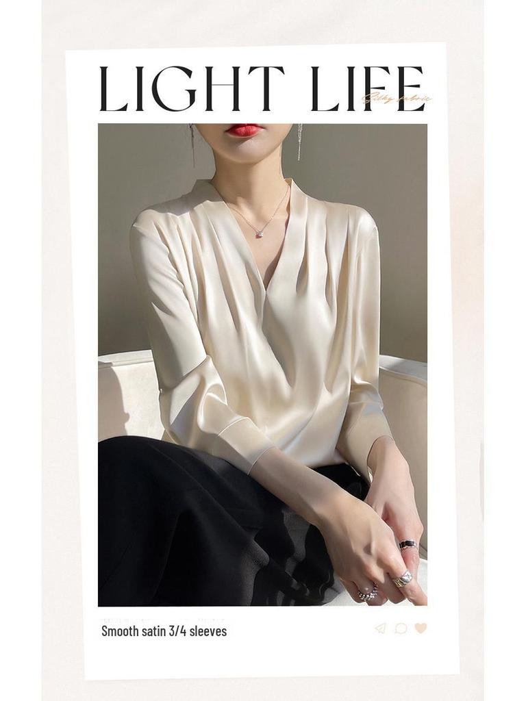 Top Estivo da Donna in Raso con Scollo a V e Maniche Lunghe