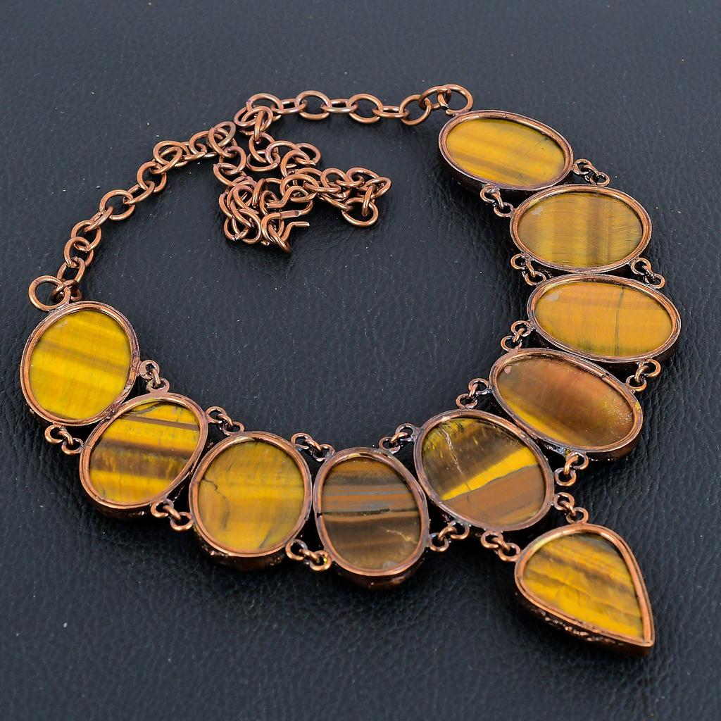 Tiger's Eye Copper Electroformed Necklace with Adjustable Chain, Handmade Gemstone Jewelry Necklace For Memorial Day