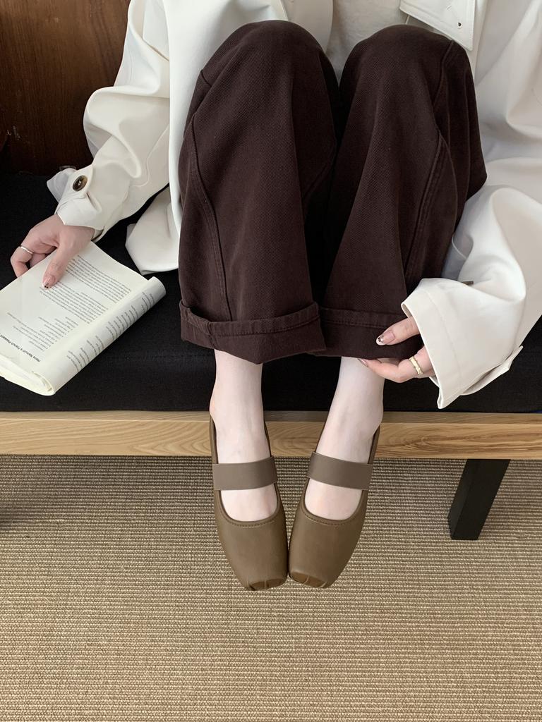 Guangzhou square head soft sole one-word elastic belt Mary Jane shoes women's 2025 new soft leather inner height increase single shoes