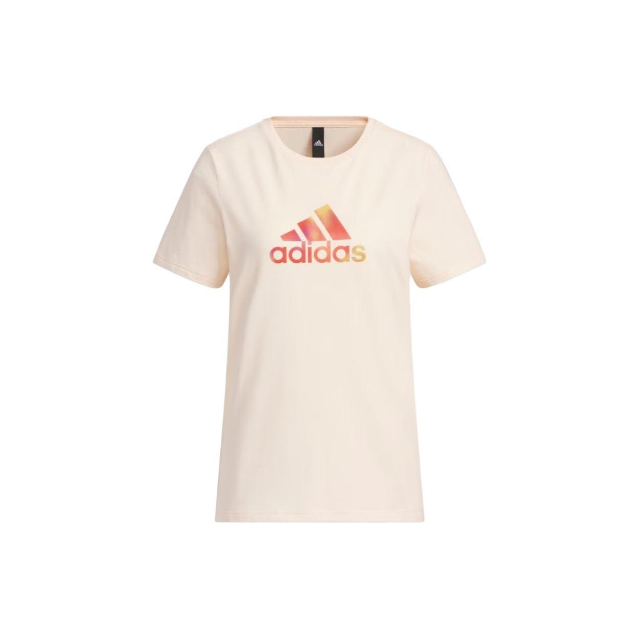 

Adidas Logo Print Round Neck Loose Fit Short Sleeve T-Shirt Casual Daily Tops For Women Light Pink HY2888 S