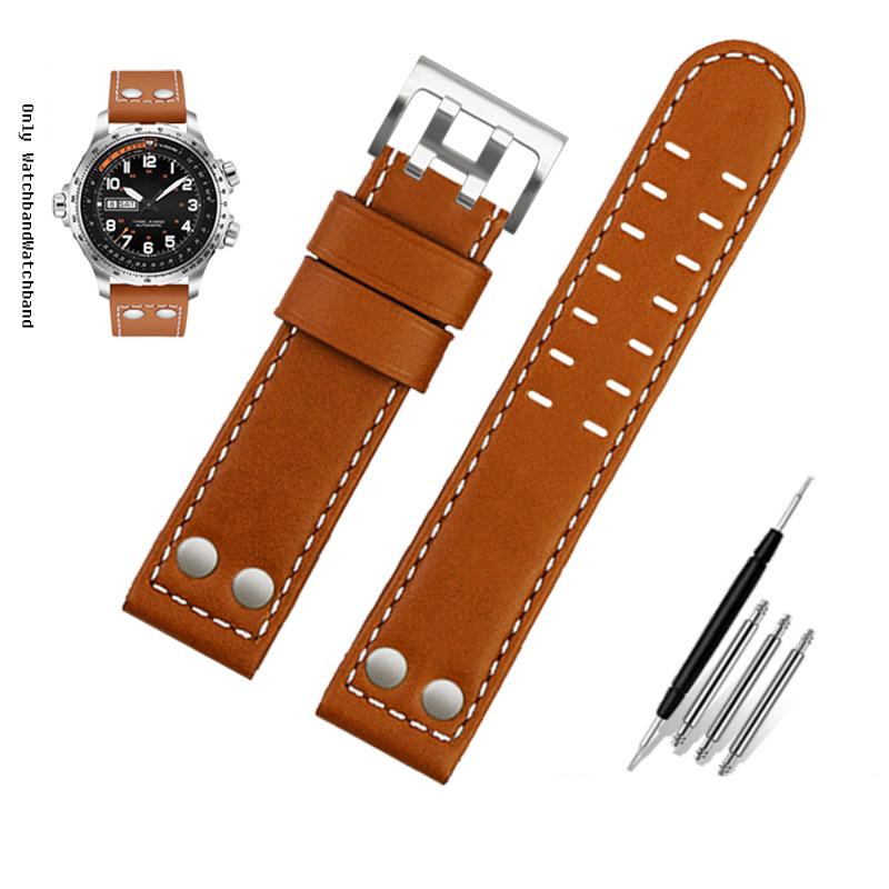 Για Λουράκι Ρολογιού Hamilton Khaki Aviation H77616533 H760250 Field Ανδρικό Γνήσιο Δέρμα Rivet Λουράκι Ρολογιού 20mm 22mm Καφέ Βραχιόλι