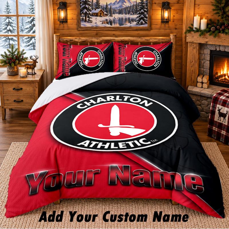 Parure de lit à motif Charlton Athletic 3 pièces Personnalisable avec nom, Drap et Taies d'oreiller pour la chambre à coucher de la maison