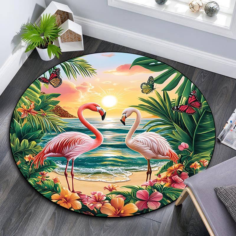 Flamingos Sunset Beach Round Area Rug,Carpet Rug for Living Room Bedroom Sofa Playroom Decor,Non-slip Floor Mat