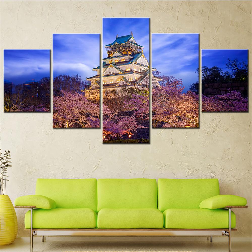 Osaka Castle Park Evening Scene 5 Panel Modern Canvas Wall Art Set - Living Room Decorative Picture Splitter for Home Decoration