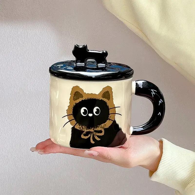 Cute cat ceramic mug, practical gift for girlfriends, household drinking cup, office coffee cup with lid Technologies 360ml [cup + lid]