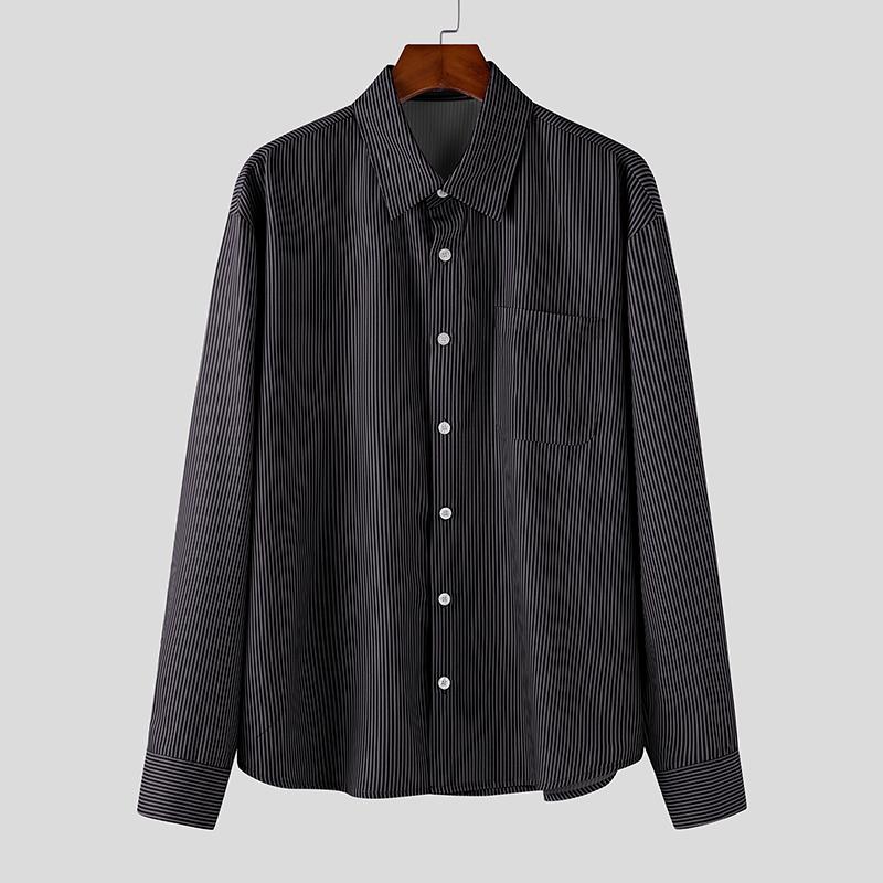 

INCERUN Spring Oversized Men Long Sleeve Turn-down Collar Buttons Striped Casual Shirts 2XL чёрный