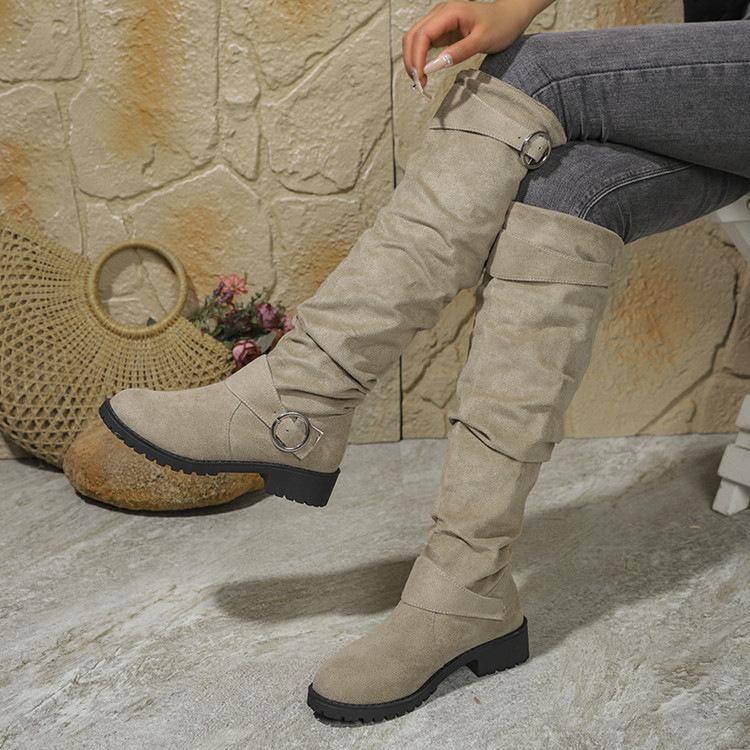 Fashion Casual Suede Western Cowboy Boots Women's Belt Buckle Gray Flat Knee High Boots Chunky Heel Long Knight Boots Goth Shoes Heels