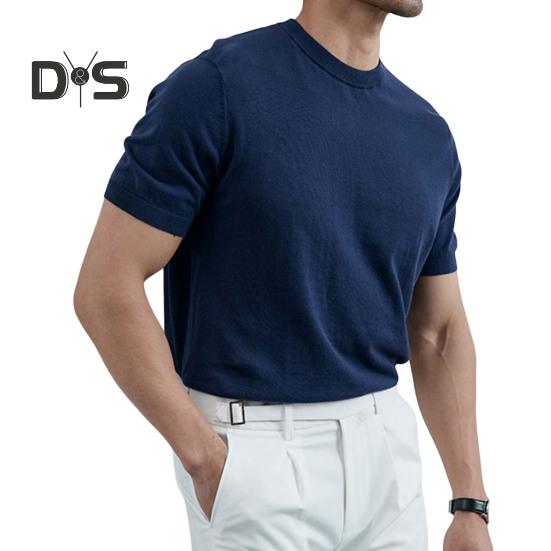 Summer Men T-Shirt Crew Neck Solid Color Short Sleeves Knitted Shirt Breathable Slim Fit Lightweight Basic Tee Casual Business Top