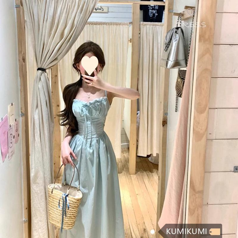 Mint green sexy halter strap suspender dress women's summer seaside vacation waist temperament long skirt