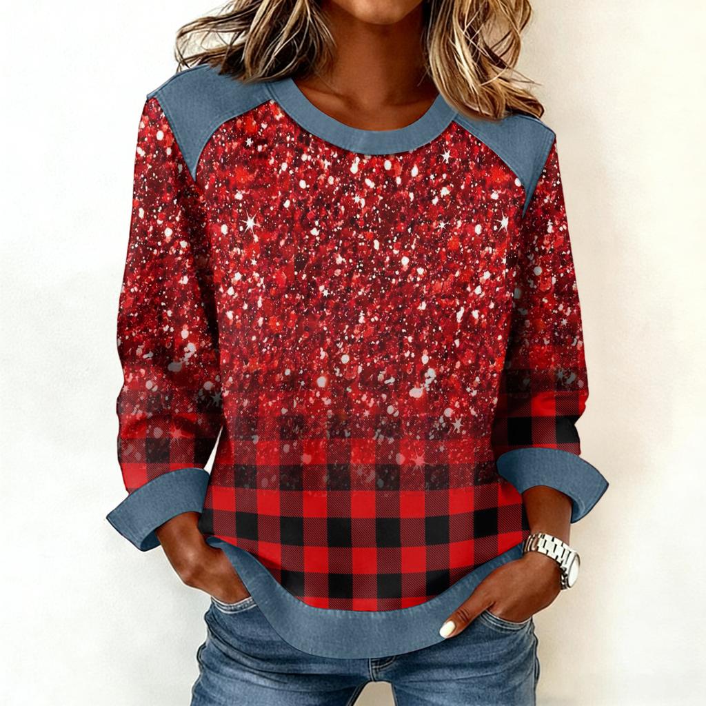 Damen Jeanskragen Patchwork Nähte Sweatshirt Lässig Pullover Langarmshirts