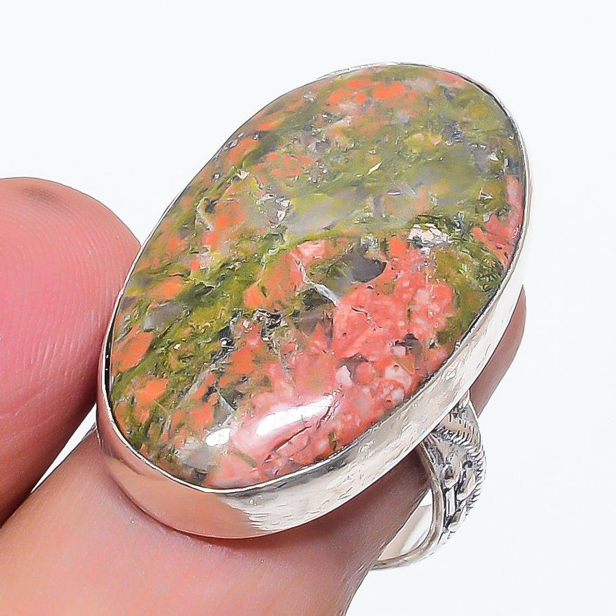 Natural Unakite Gemstone Handmade 925 Sterling Silver Jewelry Ring Size 8 b5i01