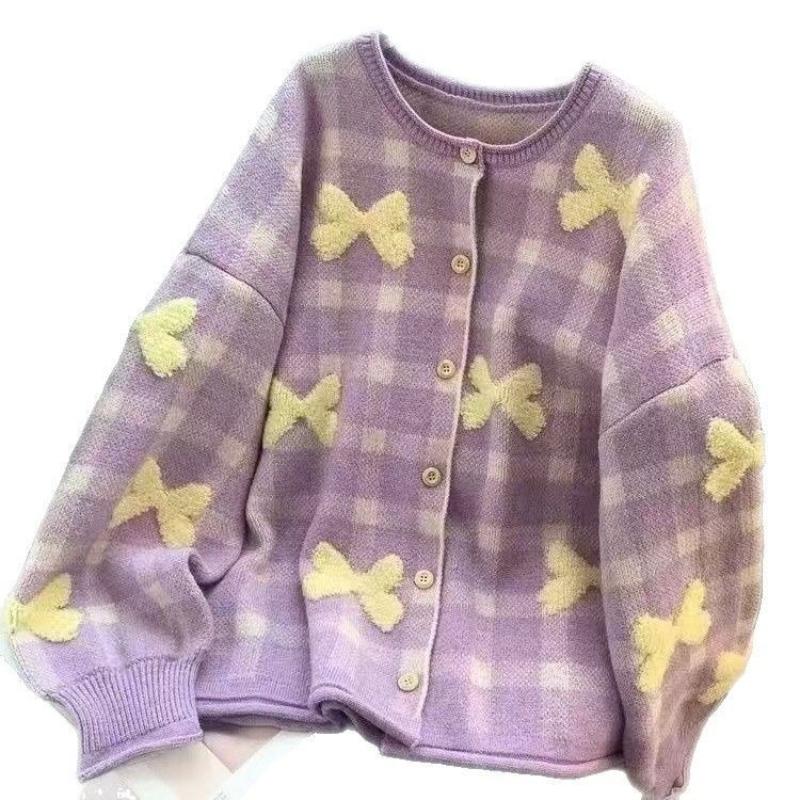 Women Solid Color Bow Plaid Sweater Korean Loose Round Neck Knitted Cardigan Autumn Versatile Lady Single Breasted Coat