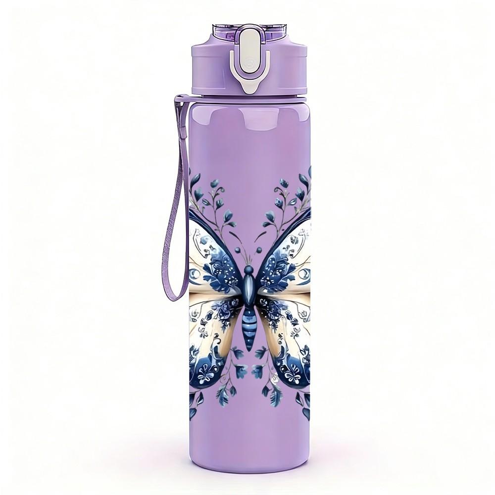 1PC Bright Blue Butterfly Pattern 750ml Color Plastic Sports Water Bottle Leakproof Flip Straw Lid Suitable for Sports Office Home Use