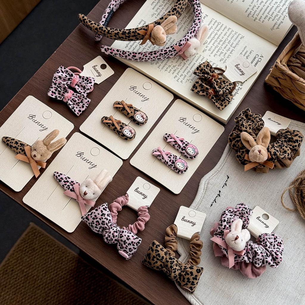 Autumn Retro Sweet Pink Coffee Leopard Pattern Bow Rabbit Hairpin Hair Ring Temperament Baby Tie Ball Head Flower Girl