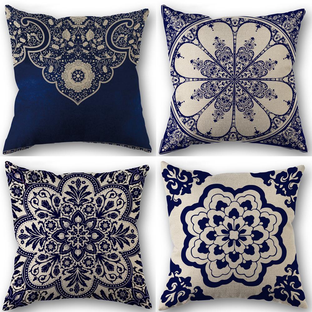 Rich Floral Pillow Covers Navy Blue White Chinoiserie Durable Bohemian Decor For Living Room, Bedroom Cushion Cases