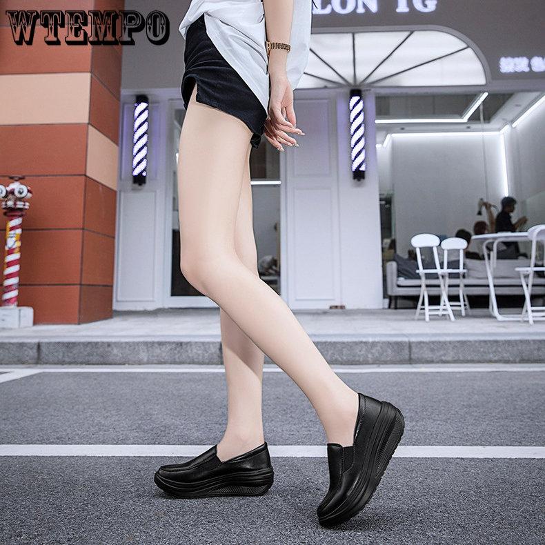 Women's Shoes Spring Genuine Leather Soft Outsole Work Shoes Female Black Swing Shoes Woman Plus Size Wedges Single Shoes