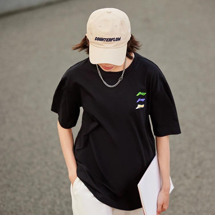 Li-Ning Loose Short Sleeve Round Neck T-shirt with Logo Print and Drop Shoulder Unisex Tops Black AHST787-4