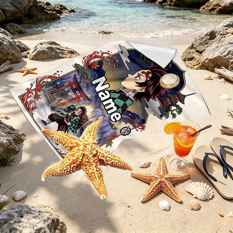 Custom Name Personalized Demon Slayer Anime Print Beach Towel, for Trip Camping Beach Party Home Decor, Birthday Gift for Family & Friends