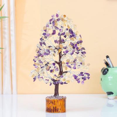 Cristalli Pietre Preziose Bonsai Albero dei Soldi per Buona Fortuna, Oggetto Regalo Decorativo - 10-12 Pollici (Ametista e Citrino Filo Argento)