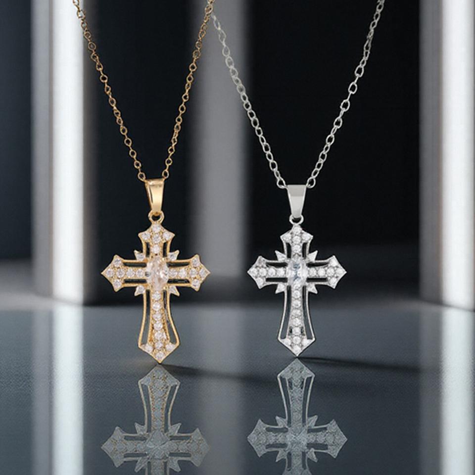 ZAKOL Retro Punk Shiny Zircon Cross Pendant Necklace for Women Men Personalized Fashion Clavicle Chain Couple Neck Zircon