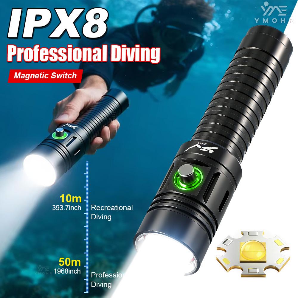 2026New Dive Flashlight IPX8 Waterproof Rechargeable LED Flashlight 18650 Silicone Wrist Strap 50M Diving Torch for Scuba Diving