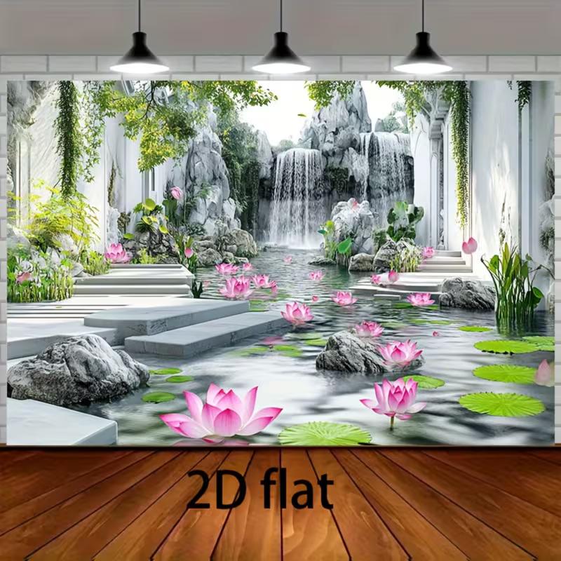 

Elegant Chinese Garden Backdrop Lotus Pond with Waterfall, Greenery and Stone Steps Party Background Banner 47.2x31.5inch/120*80cm