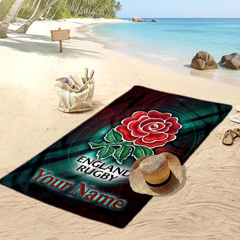 England Rugby Custom Beach Towel, Print Your Name Text Lightweight Absorbent Towel for Swimming Travel